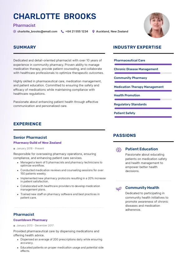 Pharmacist New Zealand Green List Resume - Truecv Service